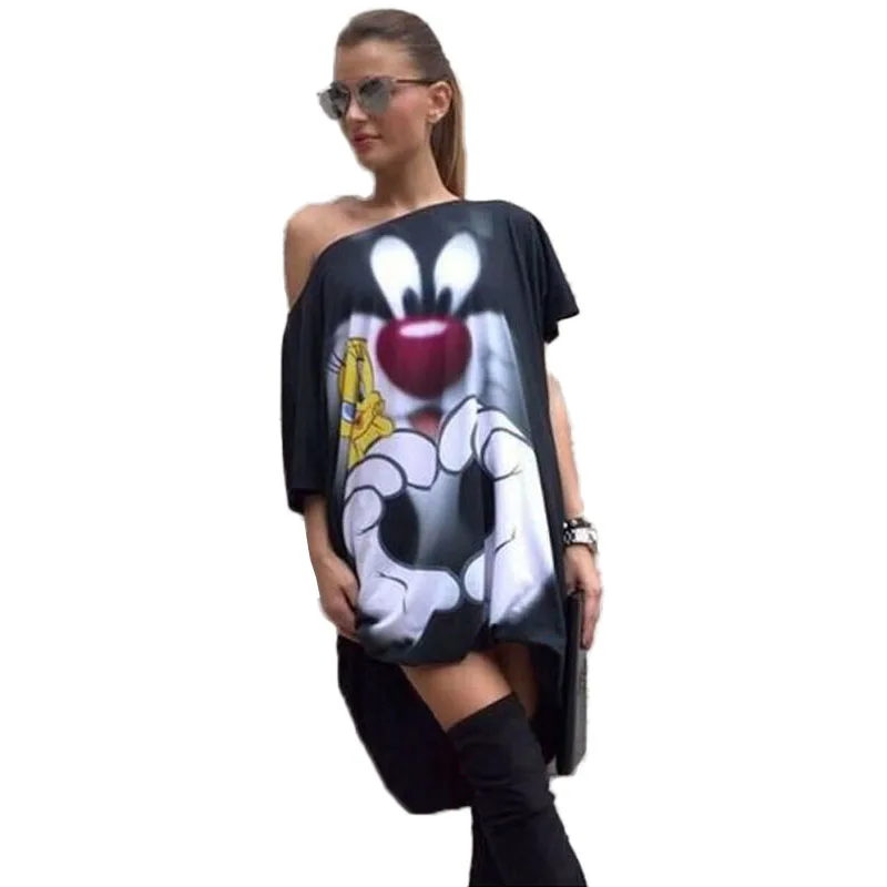 

Femme Women Summer Dress 2019 arrival Cartoon Cute Print Loose Dress Black Ukraine Vestido Sexy Mujer Plus Size