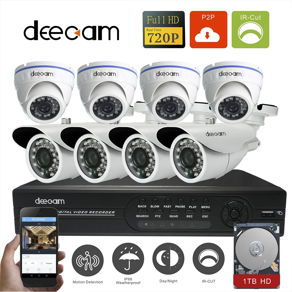 Deecam CCTV Camera 8PCS 720P 1200TVL HD 8CH  AHD  System Video Surveillance Security Camera System 8 channel DVR Kit with 1T HDD