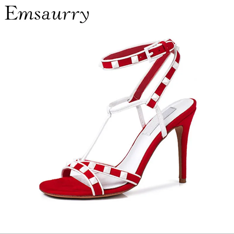 

7 Color Gladiator Sandals Women New Summer Suede Stiletto Heel Ankle Strap Open Toe Rivet Sandalias Mujer