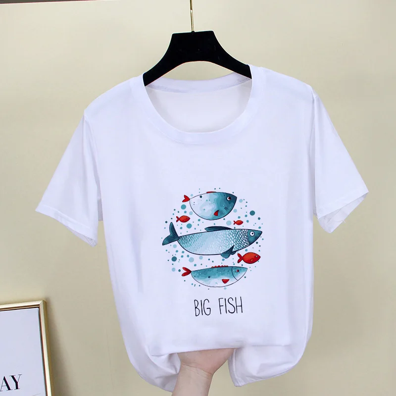 

2019 New Summer sea Tshirt Big fish Printed Short Sleeve Tops Female Clothing Thin Section T shirt Women Harajuku White T-shirt
