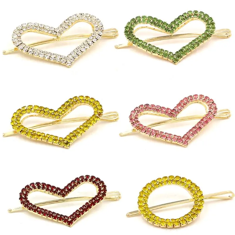 

Korean Fresh Style Hollow Heart One Word Hairpin Women Two Rows Glitter Colored Rhinestone Hair Styling Clip Decorative Barrett