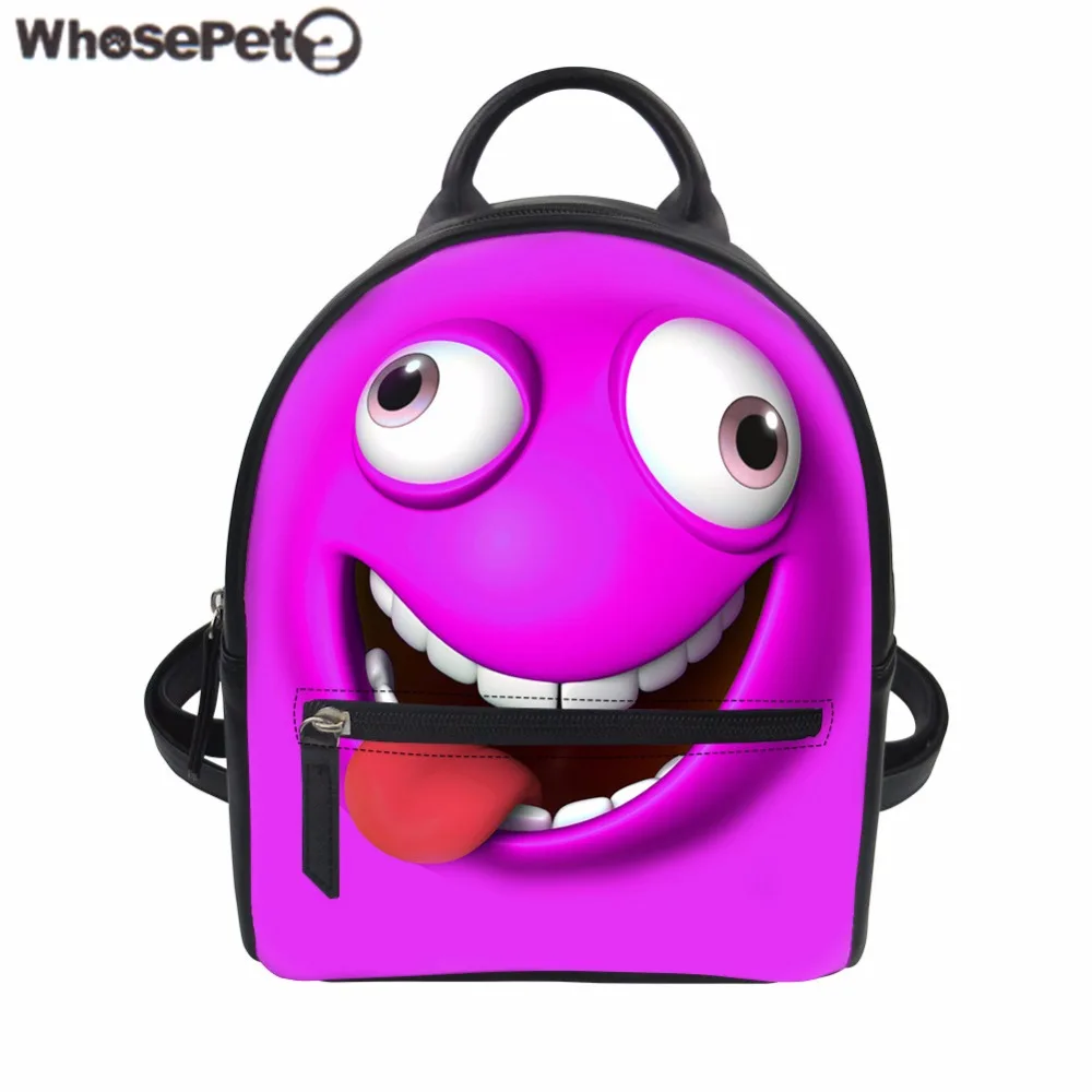 WHOSEPET Women Backpack PU Leather Bag Funny Emoji Smiling Cartoon Face