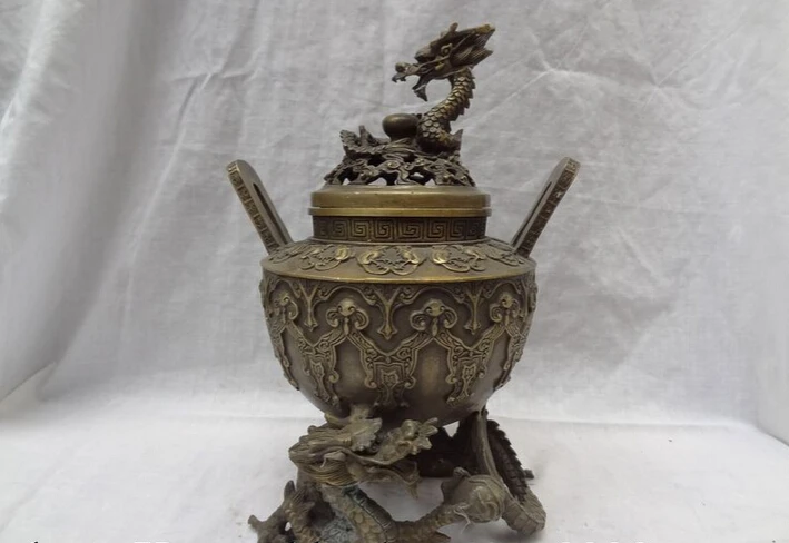 

song voge gem S4957 10" Tibet Pure Bronze FengShui Dragon Head Ball BAT Statue Incense Burner Censer