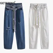 GETSRING женские джинсы с высокой талией джинсовые брюки Горячая дрель двойной пояс рваные джинсы свободные длинные голубые джинсы женские длинные брюки