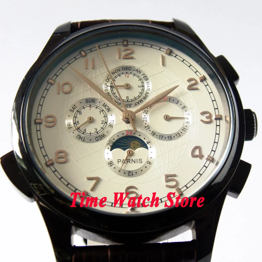 

Parnis 44mm White dial golden marks Moon Phase Multifunction PVD case Automatic Self-Wind movement Men's watch 449