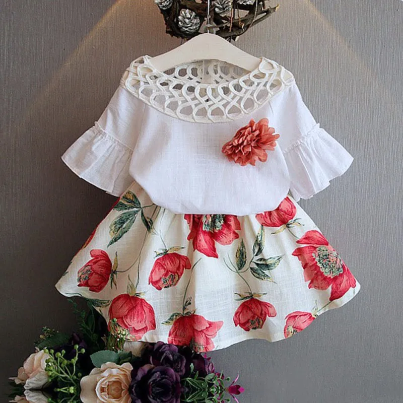 

2PCS Kids Baby Girls Toddler Short Sleeve T-shirt Tops and Floral Skirt Dress Set Outfits Clothes
