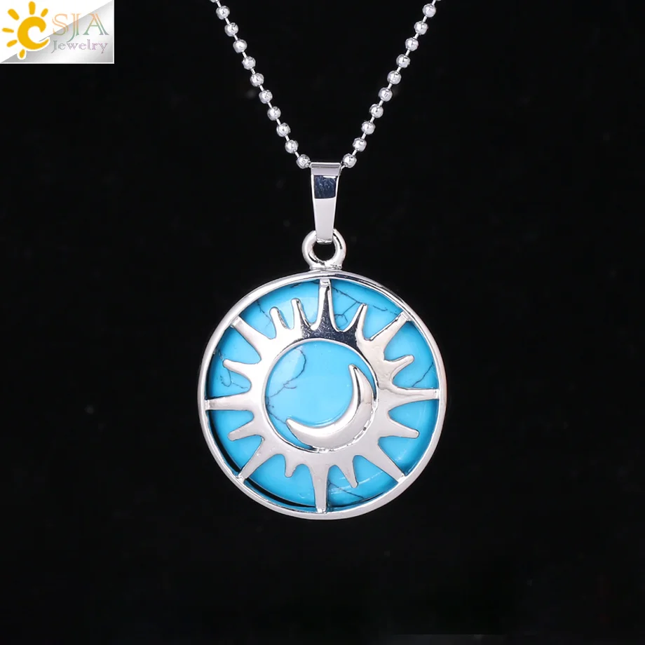 CSJA Moon Sun ожерелье s подвеска плоская бусина, натуральный камень, кристалл кварца серебряного цвета ожерелье рейки амулет для женщин и мужчин ювелирные изделия F335 - Окраска металла: Blue Turquoise