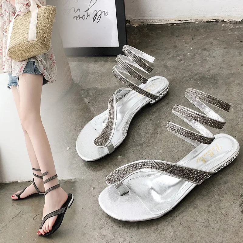 

crystal sandals clip toe snake sandals women 2019 new gladiator sandals feminino rhinestone low heel beach sandals lady shoes