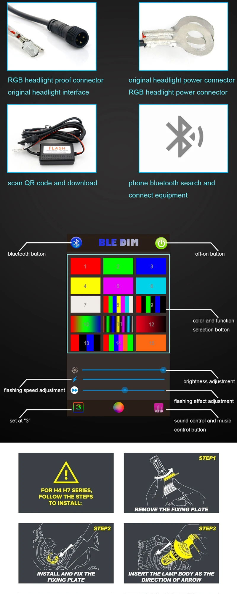 Elglux автомобиля RGB светодиодный фар H1 H3 H4 H7 H8/H11 9005 9006 880 9012 5202 светодиодный лампы приложение Bluetooth Управление многоцветные 50 Вт 10800LM