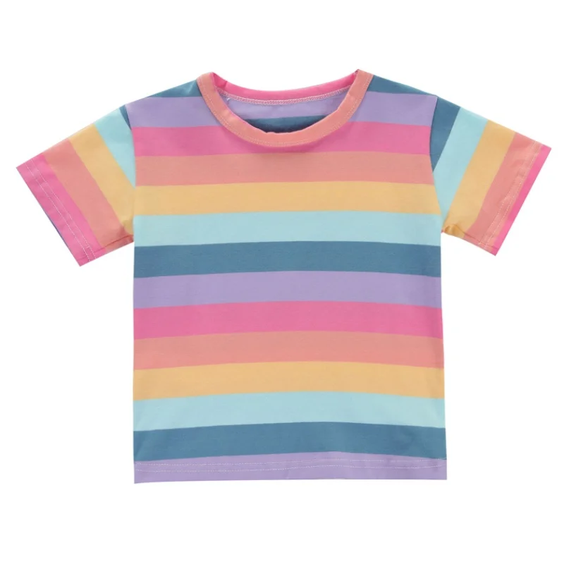 

Summer Kids Girls Rainbow T Shirt Short Sleeve Baby Girl 100%Cotton Striped Children T-shirt O-neck Tee Tops Children's Clothing