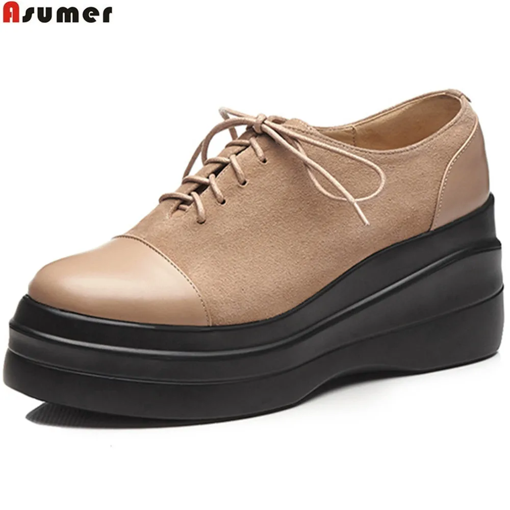 

ASUMER black apricot fashion spring autumn new pumps shoes platform wedges shoes for woman genuine leather high heels shoes