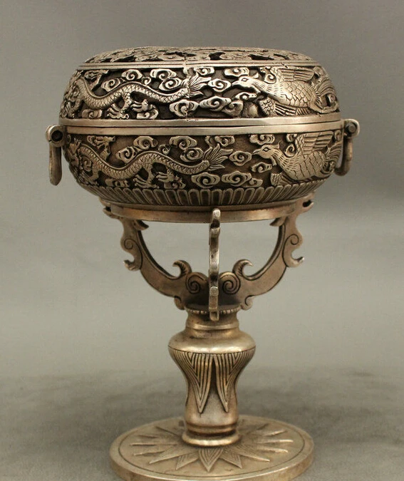 

8" Chinese Buddhist Silver Dragon Phoenix Cradle Statue Incense Burner Censer