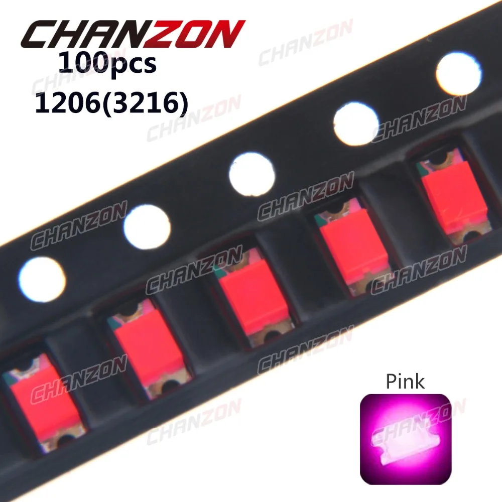 100 шт. SMD 1206 (3216) Розовый светодиодный чип 20 мА DC 3 в поверхностное монтаж SMT