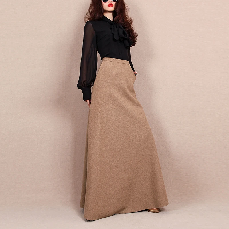 Европейская Женская осенне-зимняя Длинная шерстяная юбка большого размера с высокой талией, 50% элегантная юбка-пачка Макси трапециевидной
