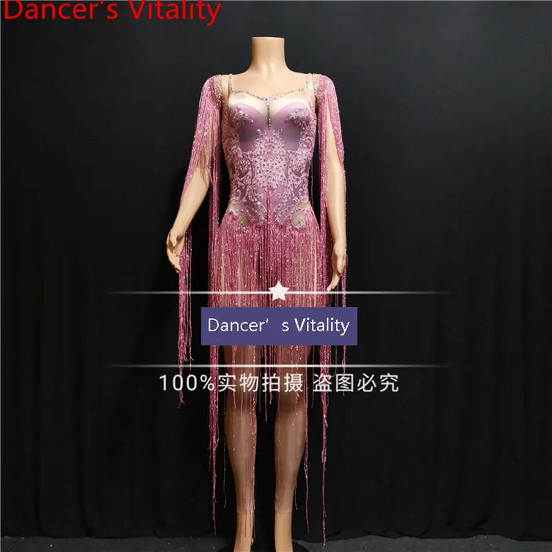 

Bar Carnival Singer DJ DS Model Sexy False Perspective Diamond Tassel Long Sleeve Leotard Pole Jazz Dancing Competition Costume