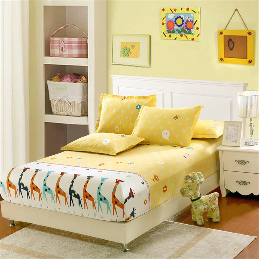 

Cartoon yellow giraffe Twin Full Queen Elastic elasticity fitted Sheet Mattress Protector Cover 100% cotton 3pcs soft pillowcase