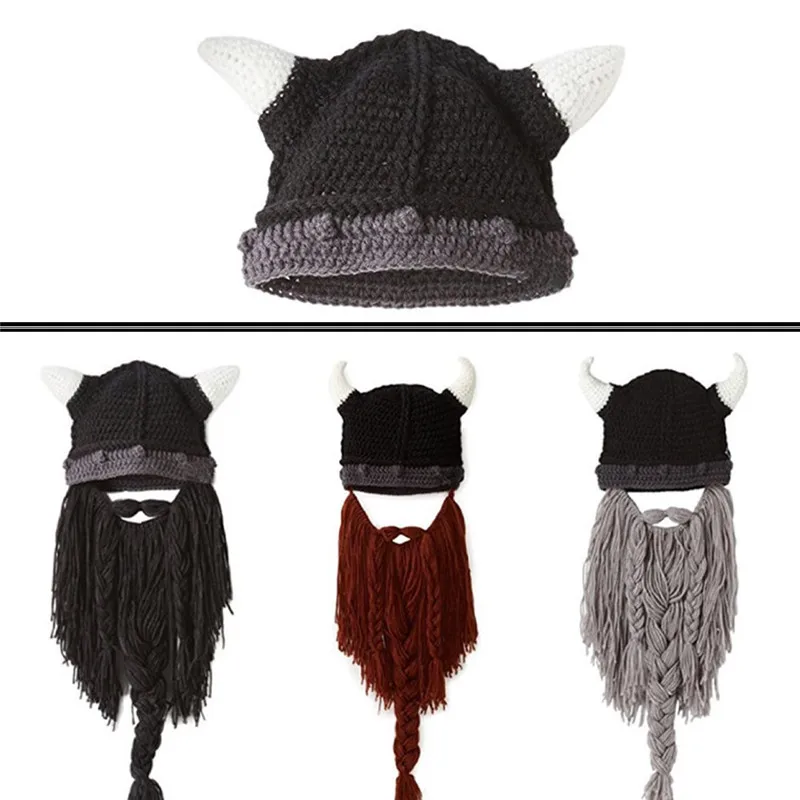 Handmade Winter Warm Cap Men's Barbarian Viking Long Beard Beanie Horn Hats Funny Xmas Halloween