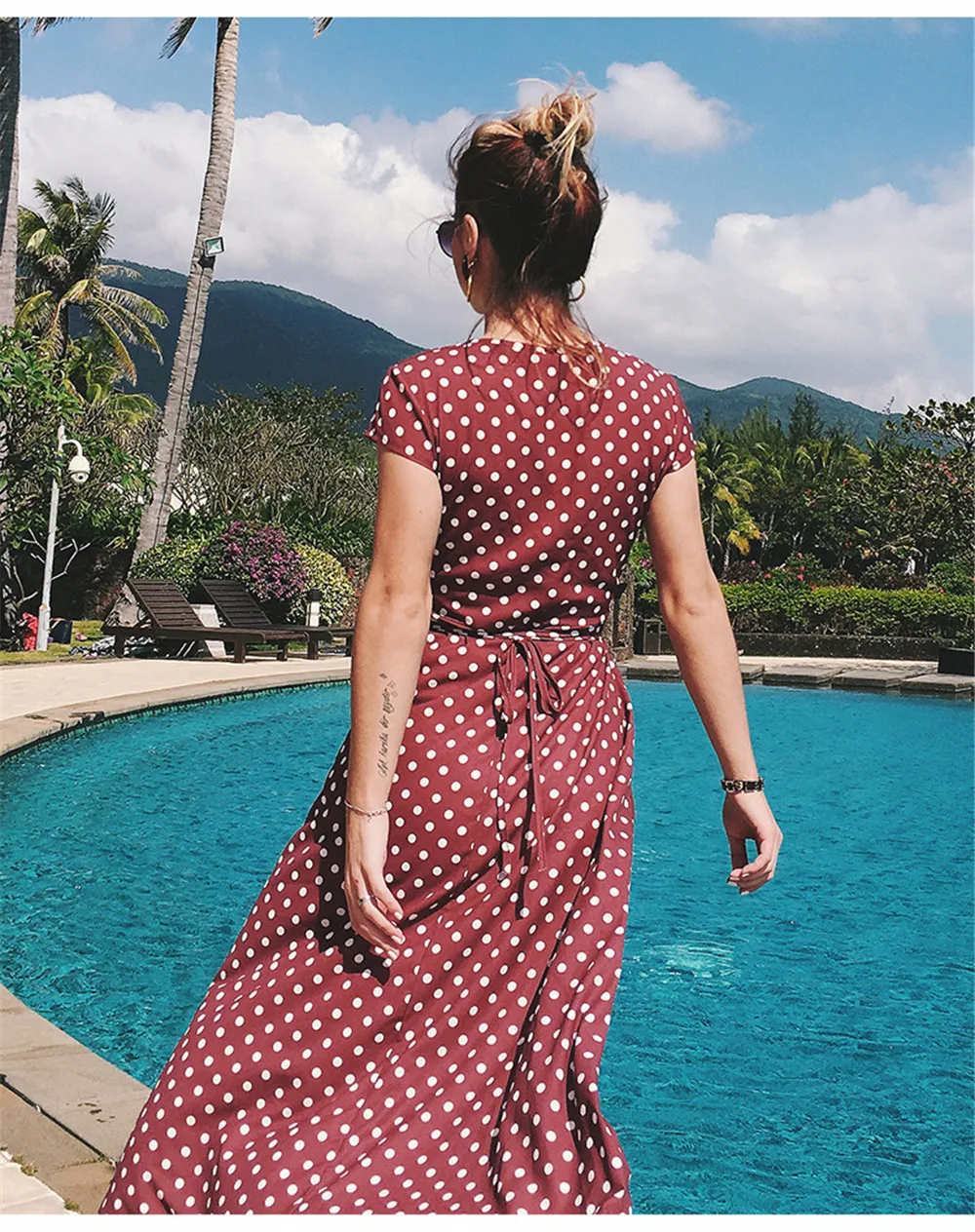 Summer Vacation Party Dress 2018 V Neck Short Sleeve long red dress femme vestidos Sash Elegant thin dot printing dresses (6)