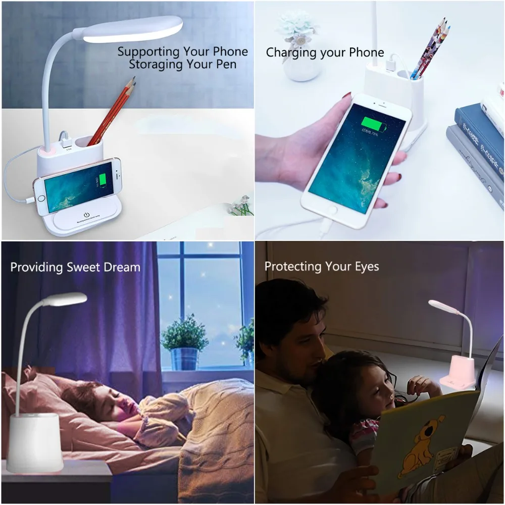 

Multifunction LED Table Lamp Touch Sensor Desk Lamp Stepless Dimming USB Rechargeable Night Light Eye Protection For Study