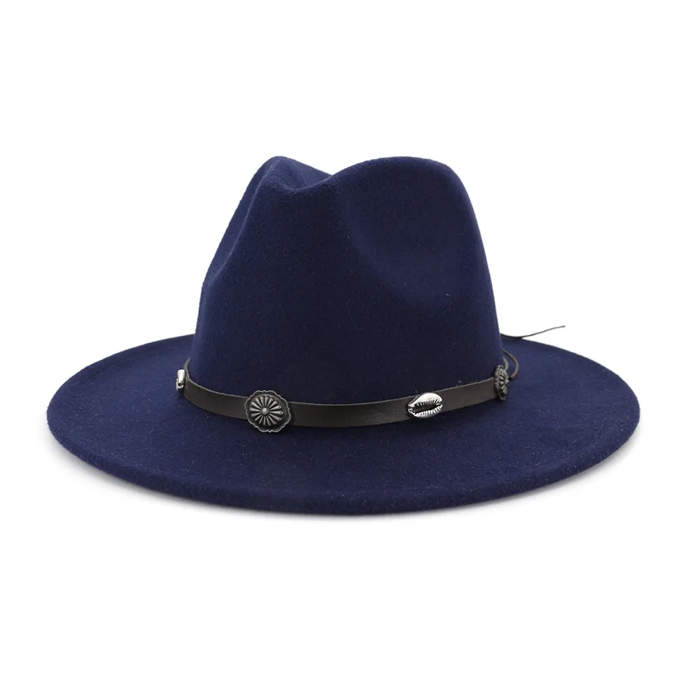 Мужская Женская шерстяная шляпа с широкими полями, джазовая шляпа, Фетровая Шляпа Fedora - Цвет: Dark Blue
