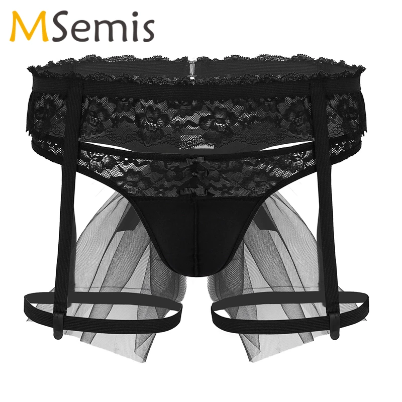 

Mens Bridal Wedding Bikini Lingerie Underwear Lace Garter Panty Sock Garter Belt Suspender with Attached Veil G-String Thong