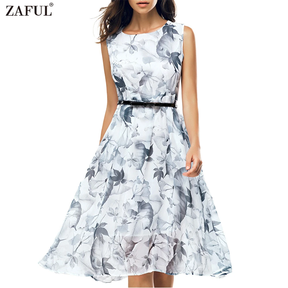 ZAFUL Women Ink Floral Vintage Dress Belts Sleeveless A
