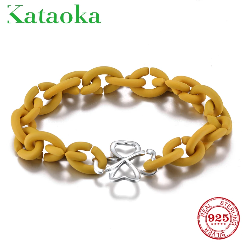 

New Charm Hard Yellow Rubber X Bracelets 925 Sterling Silver Lucky clover Bead Bracelet For Women Men European Unisex Jewelry