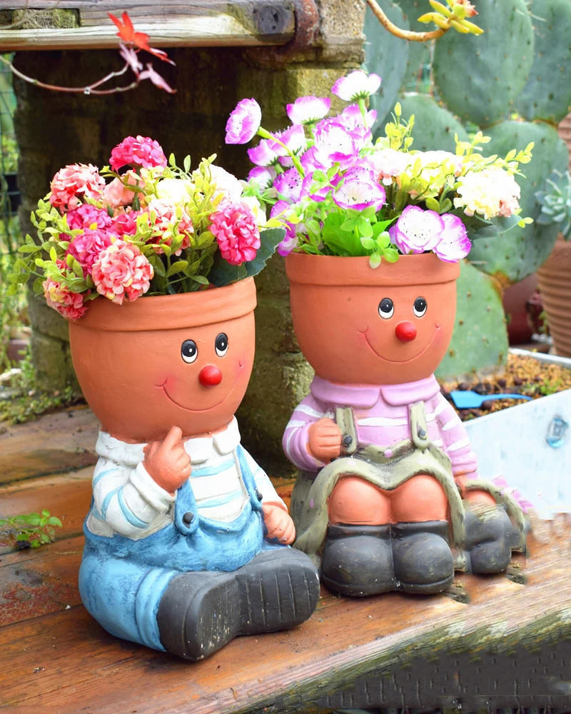 Günstig Outdoor Garten Junge Mädchen Puppe Harz Kopf Zemente Blume Töpfe Ornamente Hof Villa Park Figuren Statuen Handwerk Decor Kunst