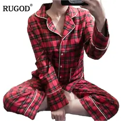 Rugod плед толстые трикотажные пижамы для Для женщин с длинным рукавом отложной воротник Хлопковая пижама комплект Для женщин зимние