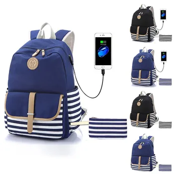 

Backpack Women Large Capacity Fashion Simple School Backpack Girl 2PC Striped Shoulder Backpack With USB Interface Bags K417