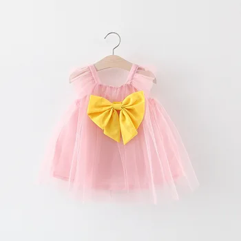 

2019 Summer Baby Girls Solid Spaghetti Strap Bow Chiffon Mesh Cute Beach Dress Kids Princess Party Tutu Dresses vestido infantil