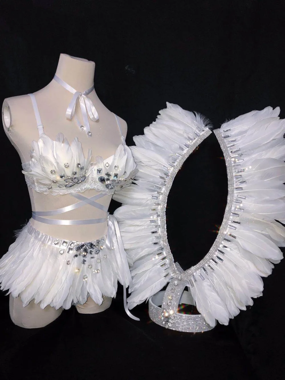 Белые перья кристаллы бикини головной убор Для женщин комплект ночной клуб бар певица Танцовщица Костюм подиум для моделей наряды