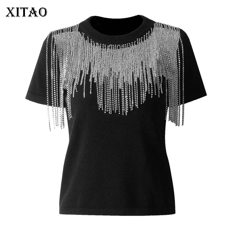

[XITAO] Pullover Women Fashion New 2019 Spring Solid Color Beading Sequined Patchwork Tassel Casual Knitted Sweater ZLL3099