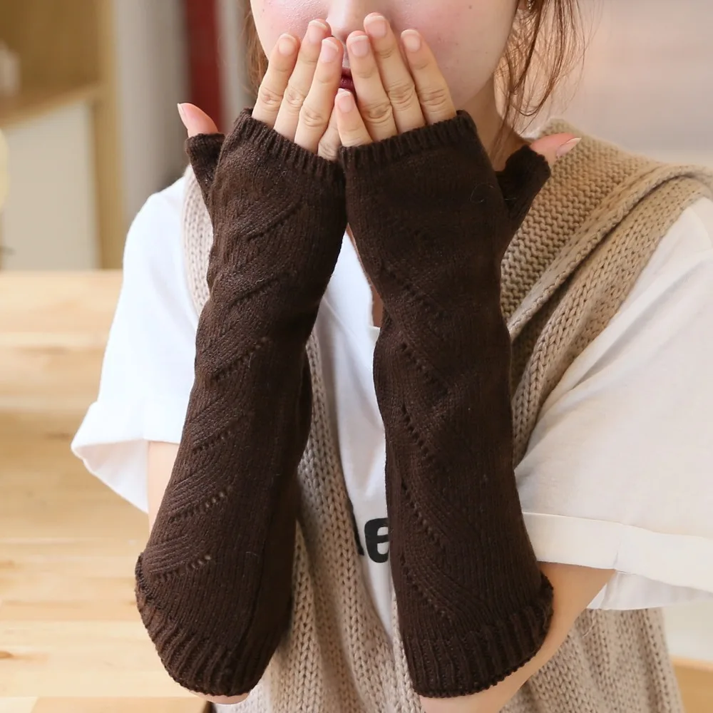 2015 High Qualtiy Knitted Women Arm Warmers Fashion Long Brown Gloves Winter Warm Fingerless