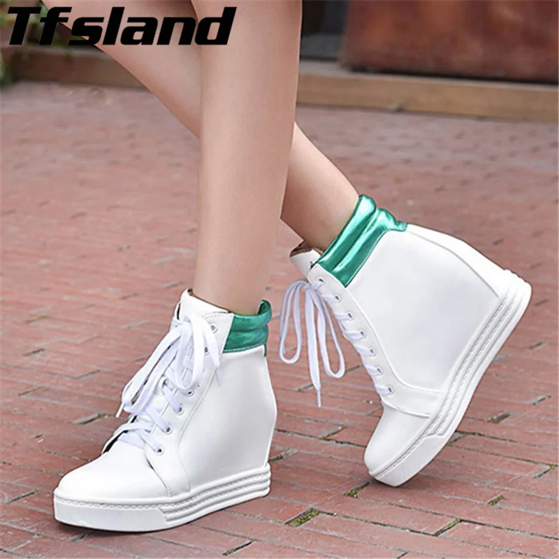 Tfsland Women Height Increasing Shoes Female Breathable White Shoes Flat Walking Shoes Sneakers Women Wedge Platform Ankle Boots