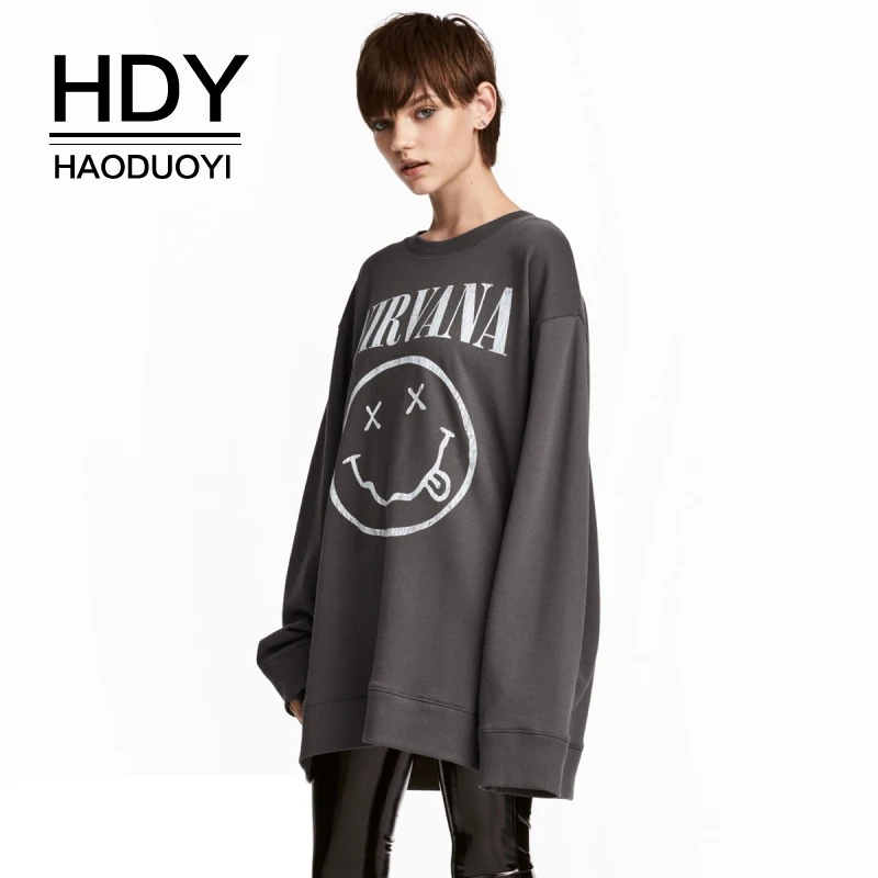 

HDY Haoduoyi Brand Women Dark Grey Sweatshirts Letters Printed Long Line Female Casual Pullovers O-Neck Long Sleeve Lady Tops