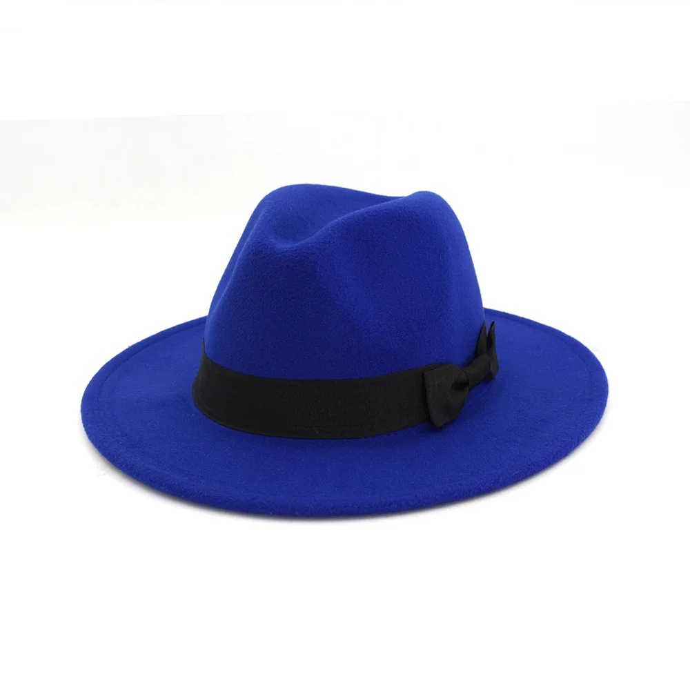 QIUBOSS 12 сплошной цвет черный шерстяной фетр Панама фетровая шляпа резинка для волос с бантом украшенная женская мужская с широкими полями шляпа для джаза Trilby QB27