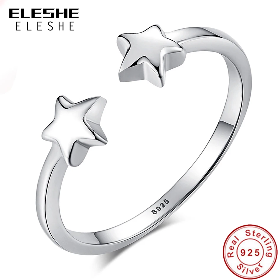 ELESHE 100% 925 Sterling Silver Finger Rings For Women Double Star Design Vintage Silver Jewelry Open Ring For Lover Best Gifts