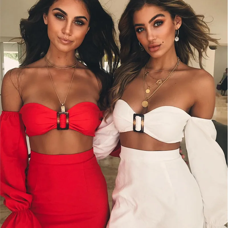 

2 piece set women red white latern sleeve bikini women spring summer solid tube tops sexy mini skirts set suit