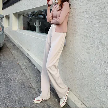 

2019 Fashion Women Pockets Loose Straight Pants Ol Style Zipper Casual Pants High Solid Button Elegant Pants