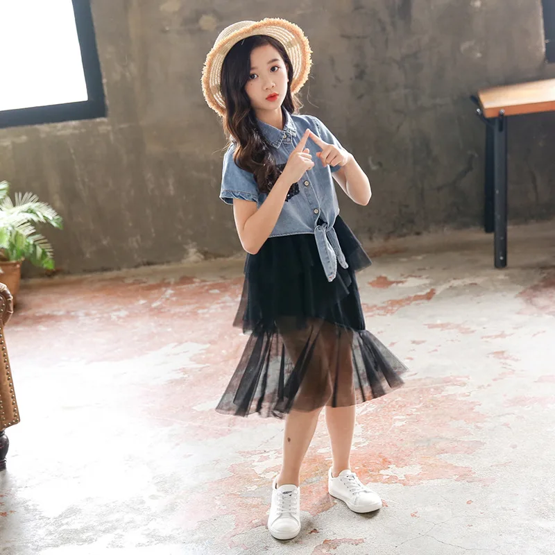 Fashion Girls Clothes Sets Summer Kids Denim Coats Top And Strap Dress Set Children Clothing Teens Girl Coats Sequin Dress Suit (11)