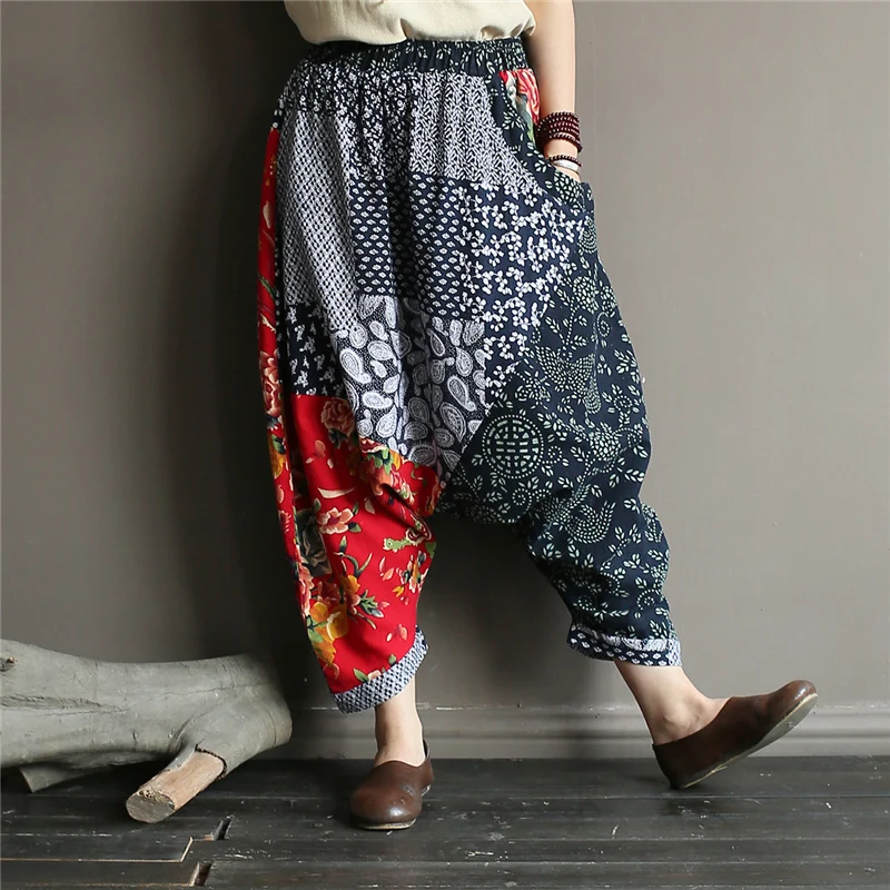 

Women Print Floral Harem Pants Vintage Cotton Linen Trouser 2019 Spring Elastic Waist Pockets Patchwork Loose Pants