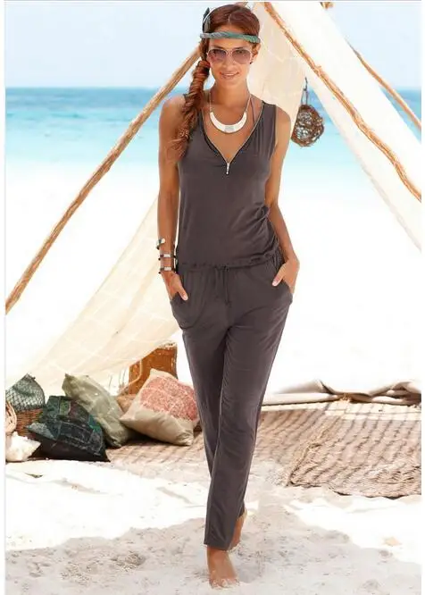 2017 الصيف موضة جديدة السيدات طويل سيامي السراويل عالية الخصر مثير العميق الخامس الرقبة فضفاضة قصيرة الأكمام ارتداءها للنساء