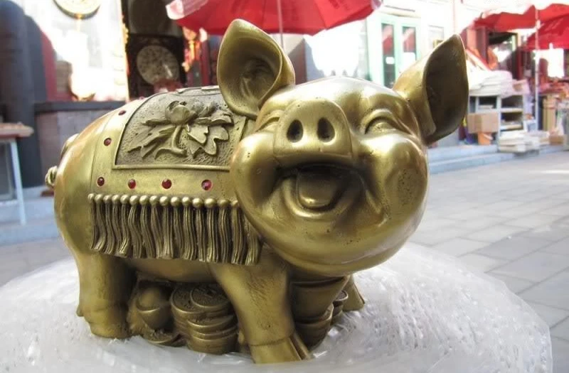 

7 Chinese Pure Brass Copper refined Carved Lucky coin Money Pig statuary statue