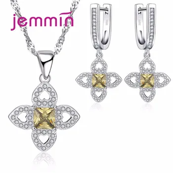 

925 Sterling Silver Flower Jewelry Sets Gifts for Women Crystal Earrings Necklace Jewelry Set Bijuterias Anel