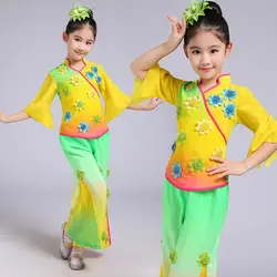 Новый шаблон Детская одежда для бальных танцев нации шоу на сцене костюм для девочек классическая цветок зеленый градиент