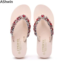 AShwin Стразы сандалии женская летняя обувь; Вьетнамки; блестящие кристалл шлепанцы-сандалии для женщин; модная обувь на плоской подошве; Туфли на танкетке на высоком каблуке и платформе
