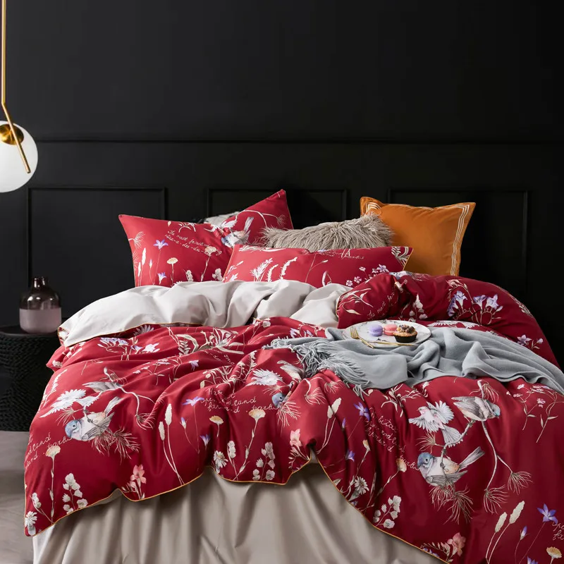 

Bonenjoy Red Color Bed Linen 100%Egyptian Cotton Bed Sheet Sets Digital Printing 60S Long-staple Cotton Bedding Set Luxury