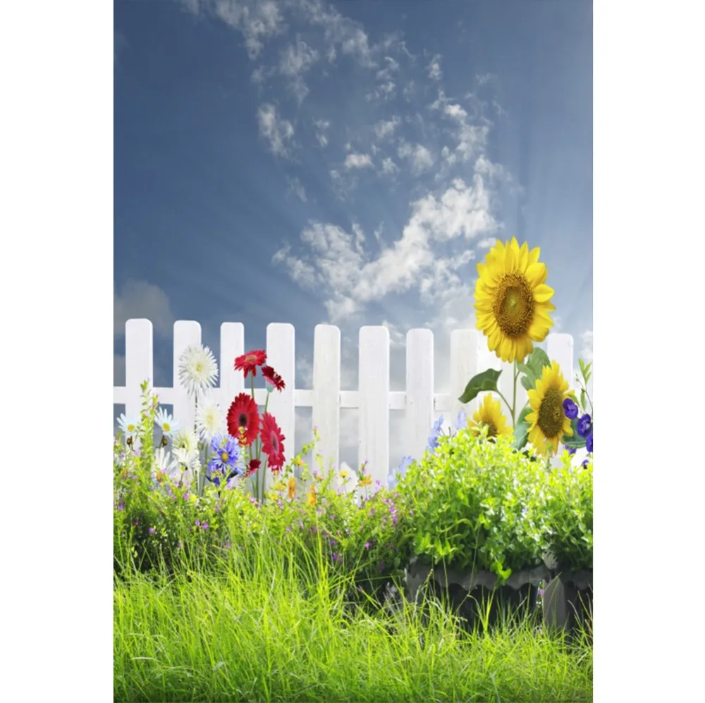 

Laeacco Spring Backdrops Green Grass Sunflowers Wooden Fence Blue Sky Child Scenic Photo Backgrounds Photocall Photo Studio