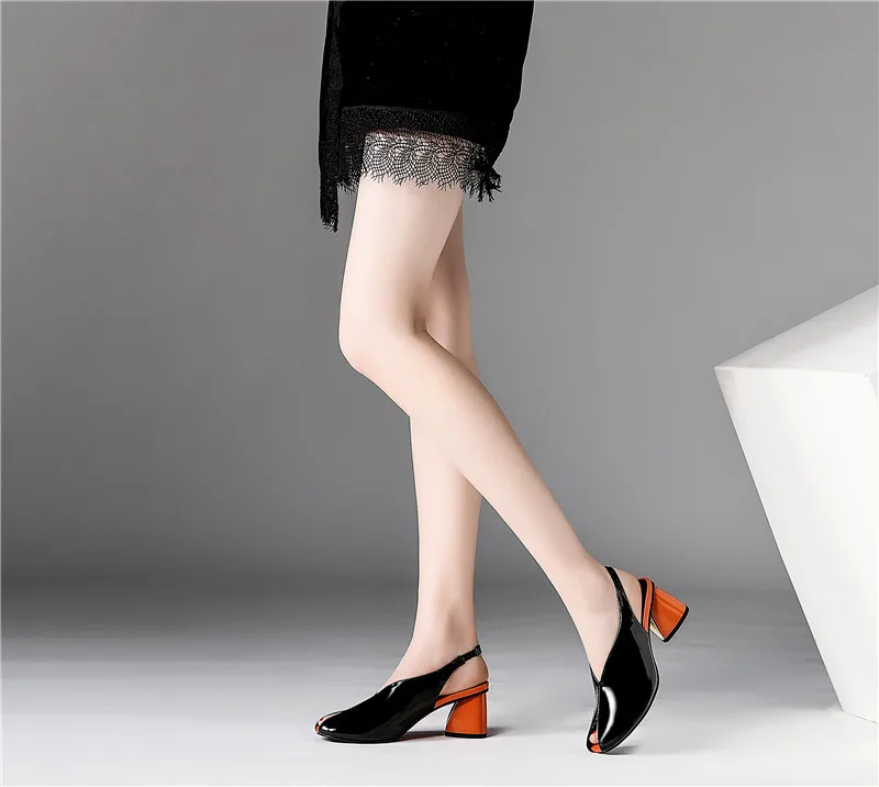 

Brand New Genuine Leather Elastic Band Square High Heels Shoes Woman Casual Summer Sandals Big Size 34-41
